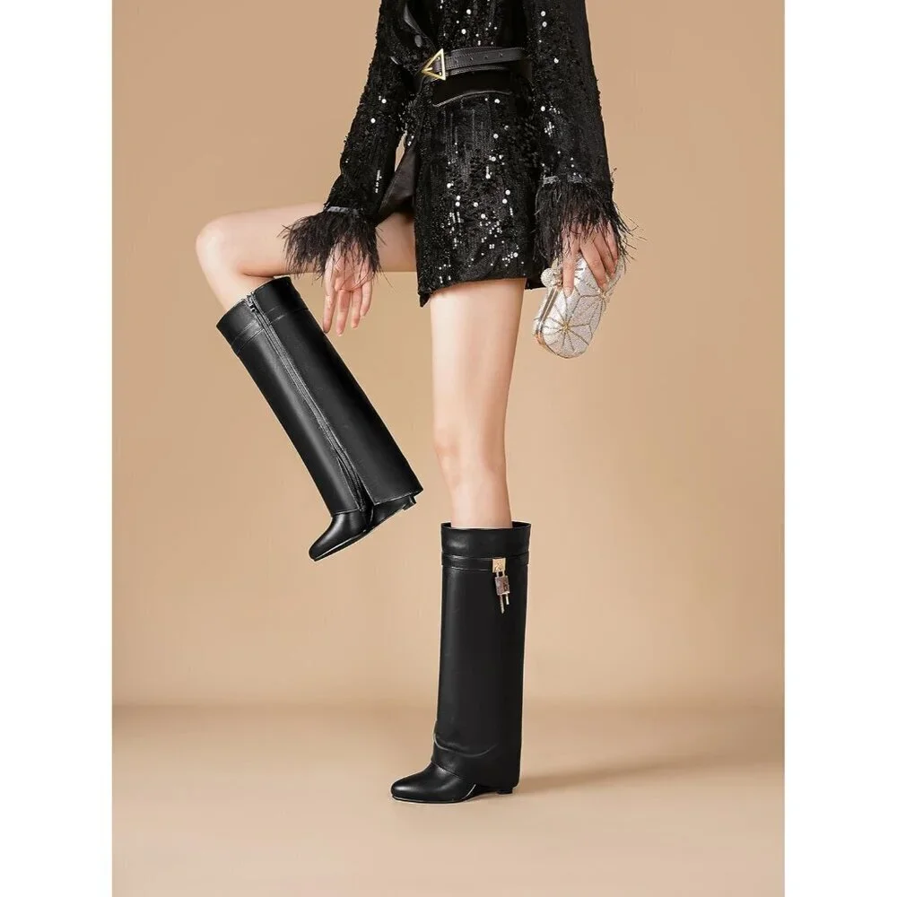 Women Faux Leather Black Pull-on Wedge Heel Knee Shark Padlock Design Boot